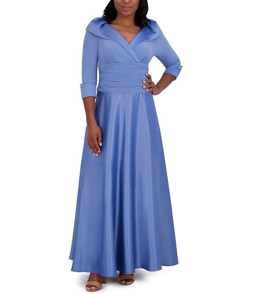 Jessica Howard Portrait Collar V-Neck 3/4 Sleeve Rhinestone Cuff Ruched Waist Satin Gown Product Image