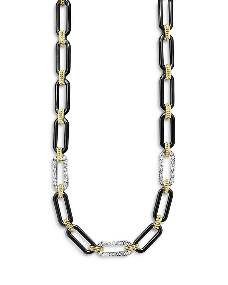 LAGOS 18k Yellow & White Gold Signature Caviar Diamond & Black Ceramic Station Link Necklace, 18 In Black/white Product Image