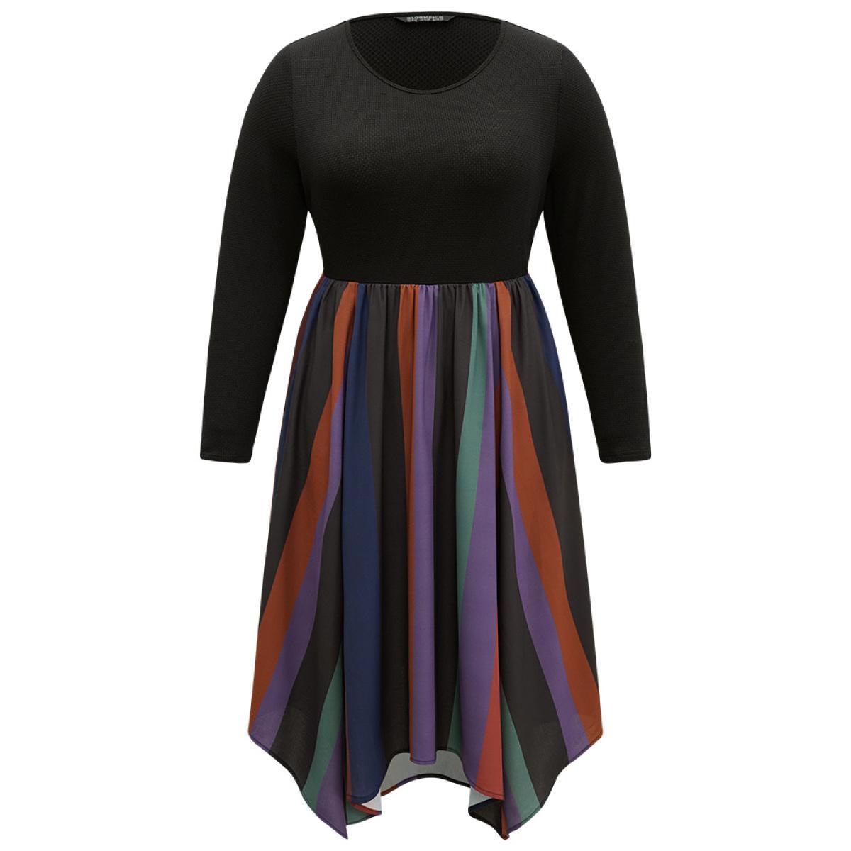 Plus Size Striped Colorblock Contrast Pocket Elastic Waist Dress Multicolor Women Office Patchwork Round Neck Long Sleeve Curvy Midi Dress BloomChic 26/4X Product Image