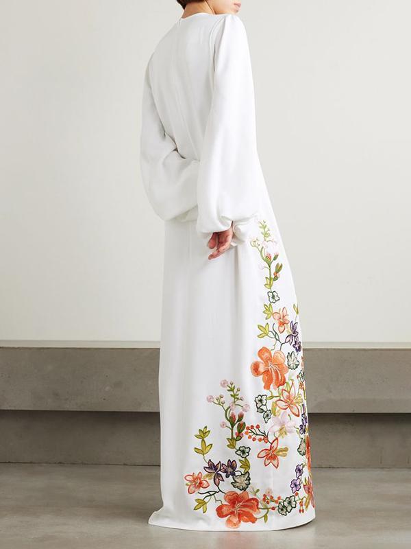 Long Sleeves Loose Elasticity Flower Print Round-Neck Maxi Dresses Product Image