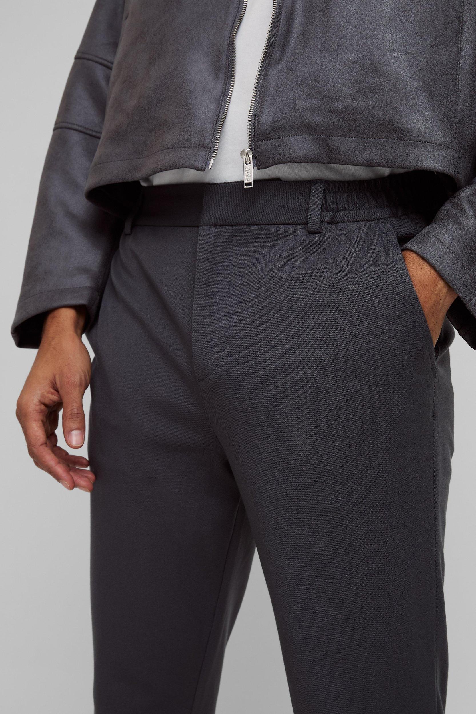 Half Elastic Waistband Stretch Straight Tailored Pants in Charcoal | boohooMAN USA Product Image