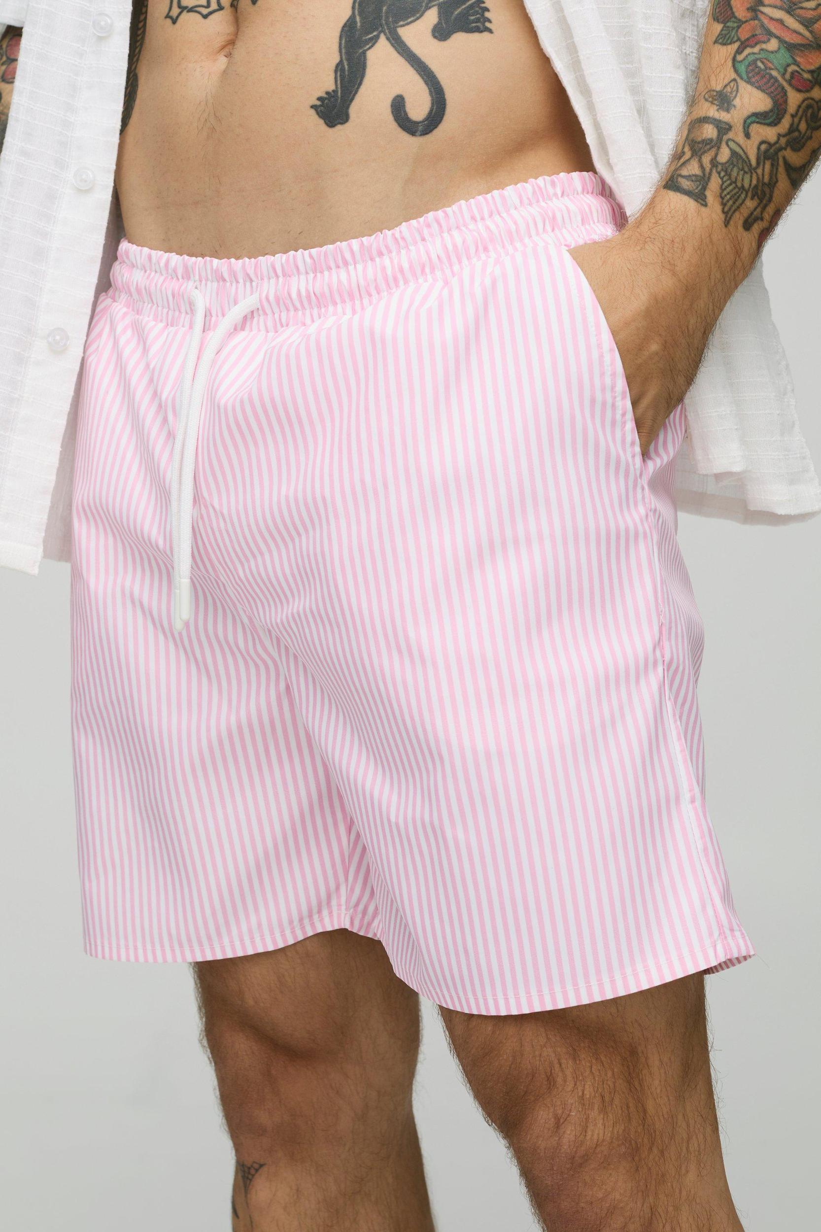 Small Stripe Print Mid Length Swim Trunks | boohooMAN USA Product Image