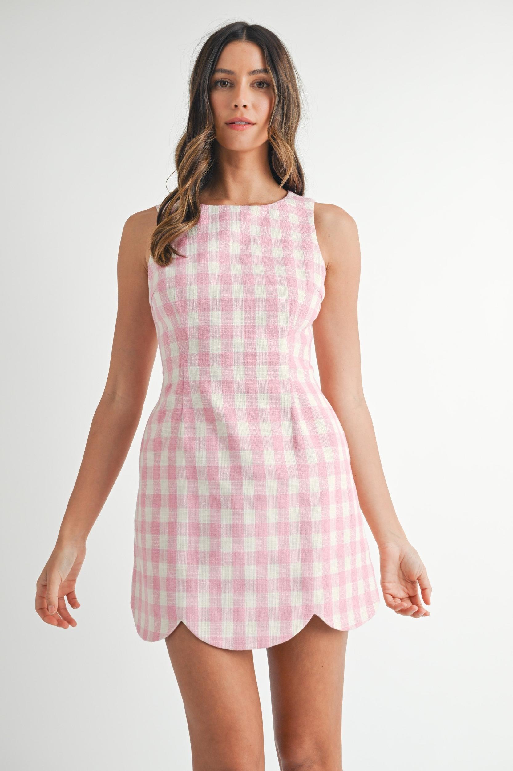 Gingham Scallop-Hem Mini Dress Product Image