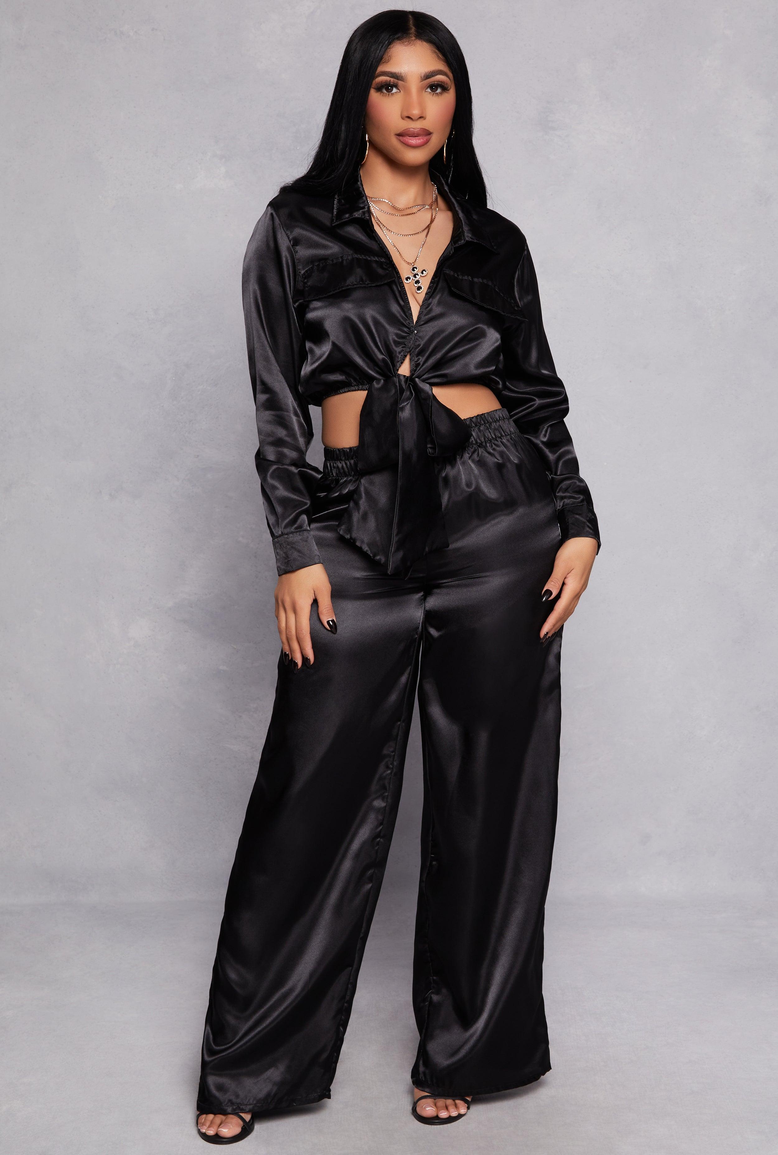 Womens Satin Tie Front Crop Top and Wide Leg Pants Product Image