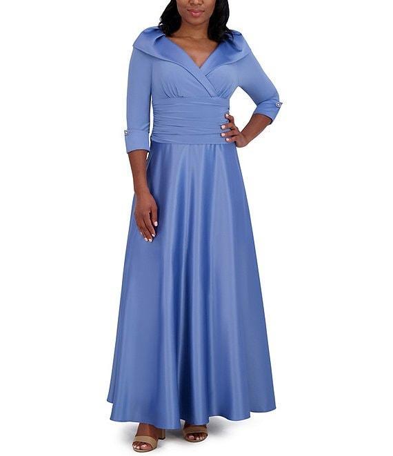 Jessica Howard Portrait Collar V-Neck 3/4 Sleeve Rhinestone Cuff Ruched Waist Satin Gown Product Image