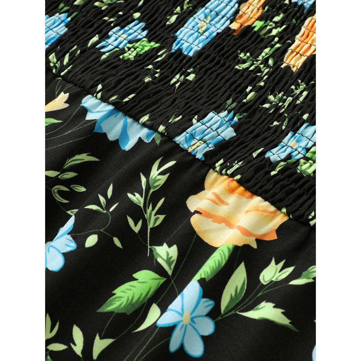 Plus Size Floral Print Shirred Pocket V Neck Dress Black Women Elegant Non V-neck Elbow-length sleeve Curvy Midi Dress BloomChic 10/M Product Image