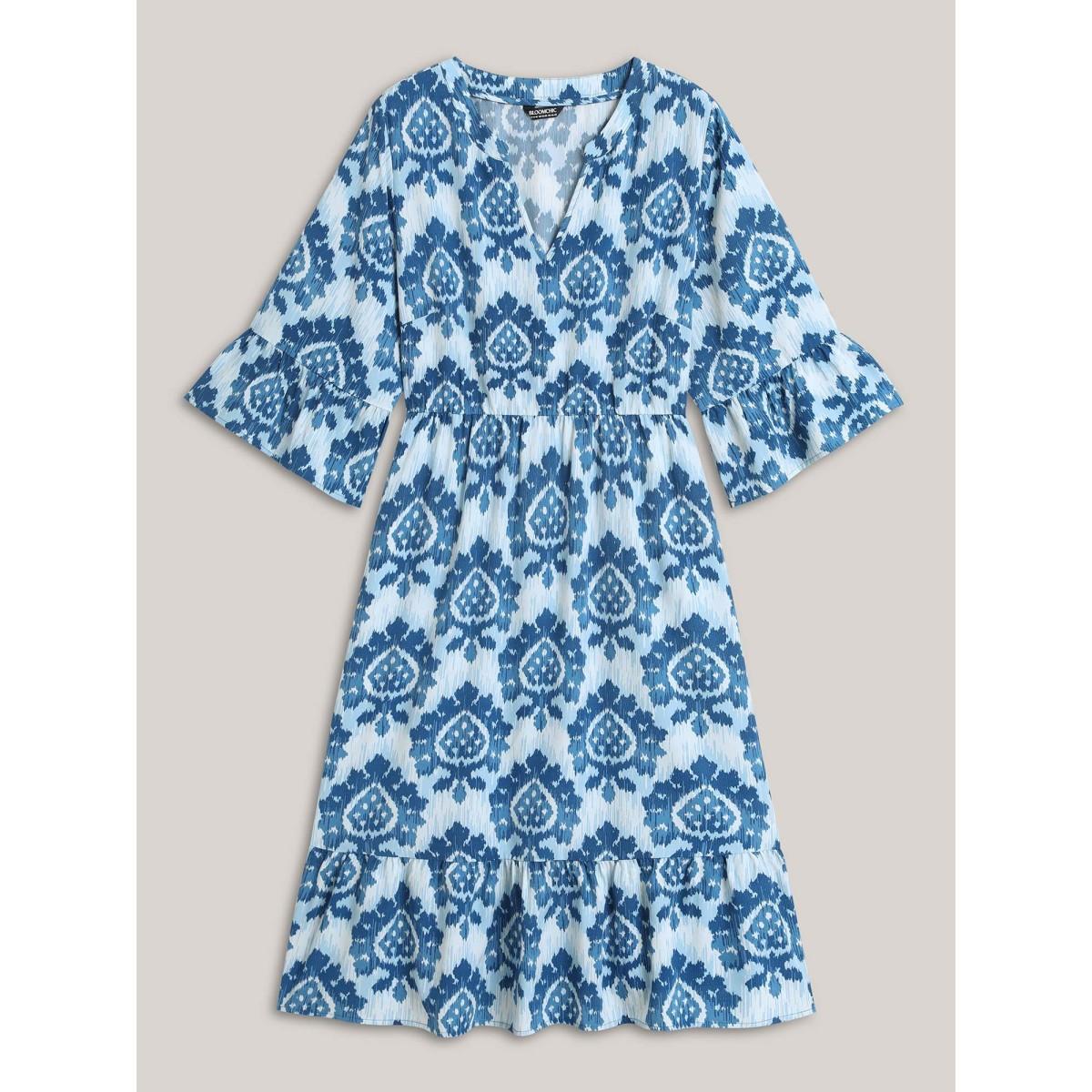 Plus Size Damask Pattern Ruffle Sleeve Midi Dress Mediumblue Women Flat collar with V-notch Elbow-length sleeve Curvy BloomChic 14-16/1X Product Image