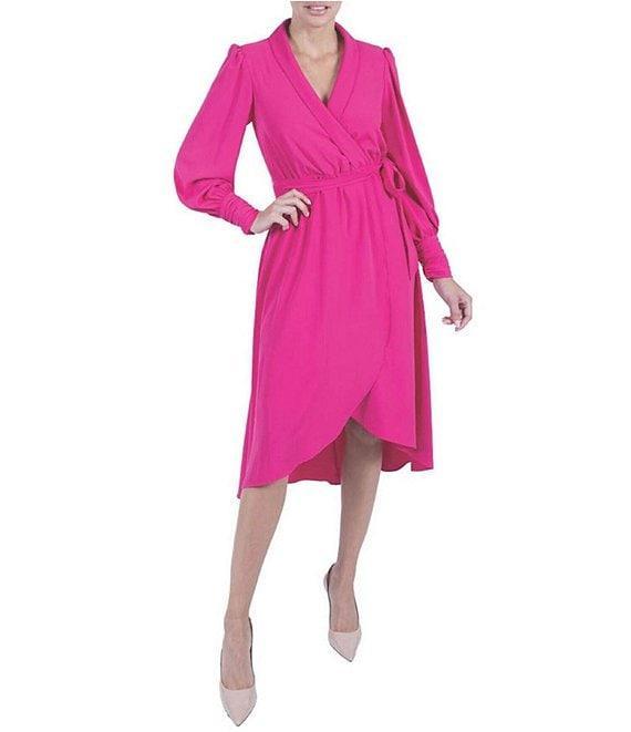 Julia Jordan Matte Crepe Surplice Lapel Neck Long Sleeve Tie Side Dress Product Image