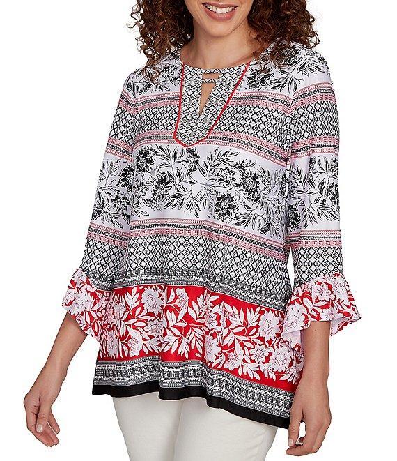 Ruby Rd. Printed Embellished Keyhole Neck 3/4 Ruffle Sleeve Sharkbite Hem Top Product Image