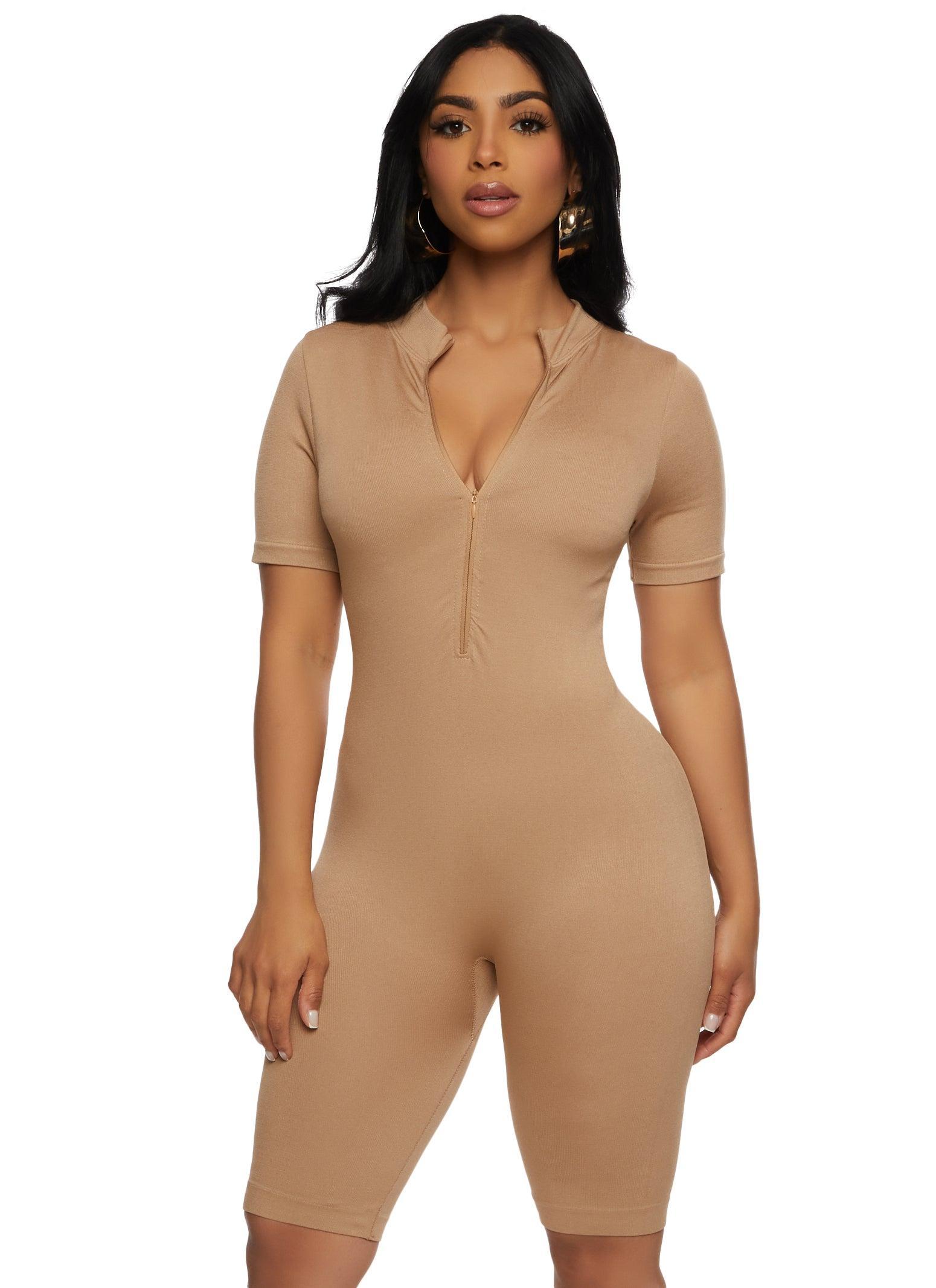 Womens Seamless Ribbed Zip Front Romper Product Image