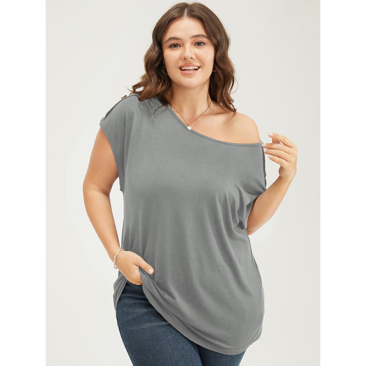 Plus Size Solid Button Detail Round Neck Batwing Sleeve T-shirt DarkGray Women Casual Plain Round Neck Dailywear T-shirts BloomChic 18-20/2X Product Image