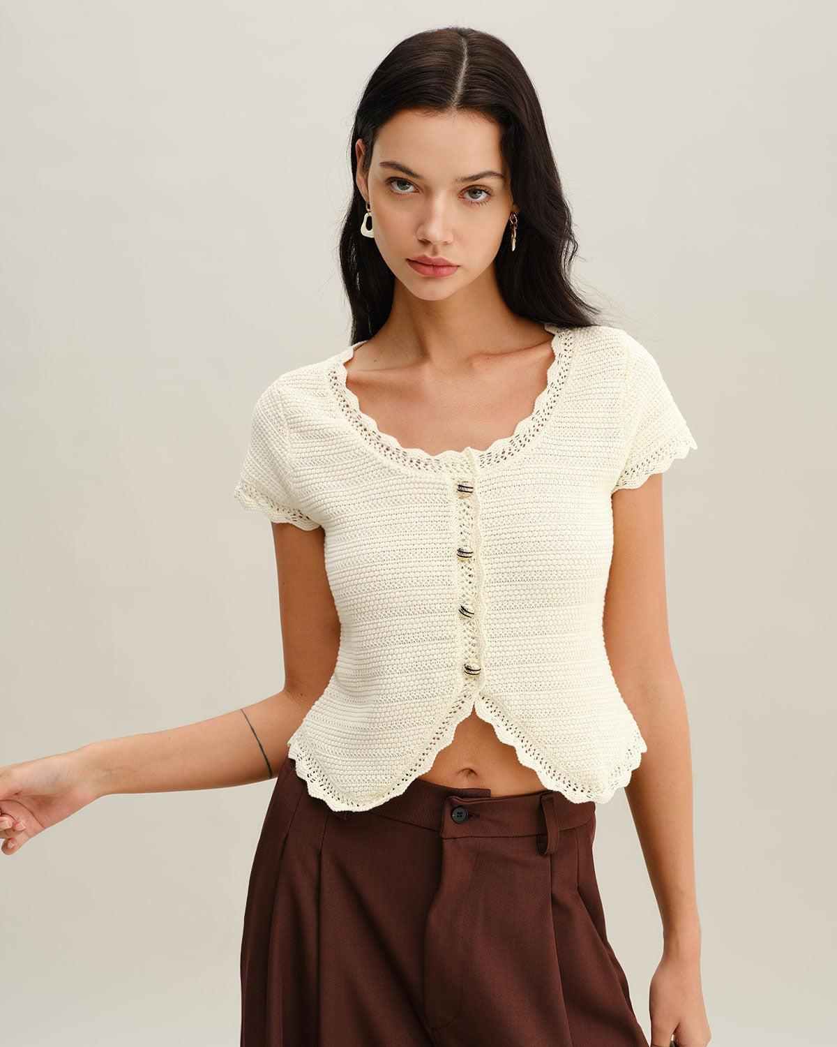 Beige U Neck Textured Cardigan Product Image