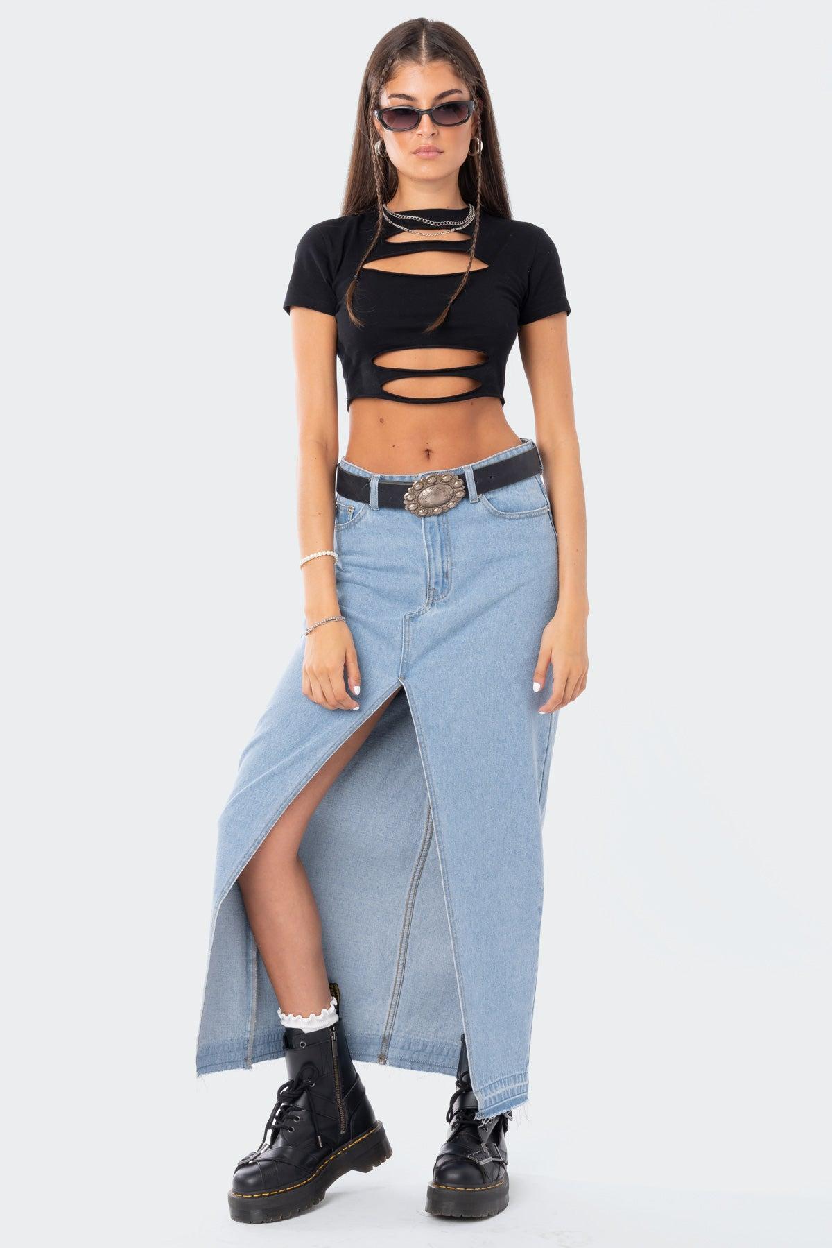 Front Slit Maxi Denim Skirt Product Image