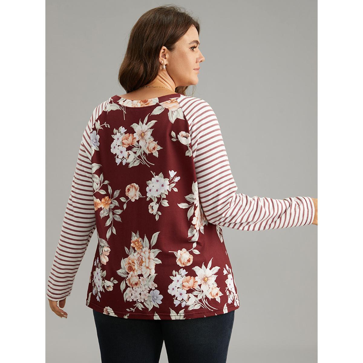 Plus Size Striped Patchwork Floral Print T-shirt Burgundy Women Elegant Contrast Striped Round Neck Dailywear T-shirts BloomChic 10/M Product Image