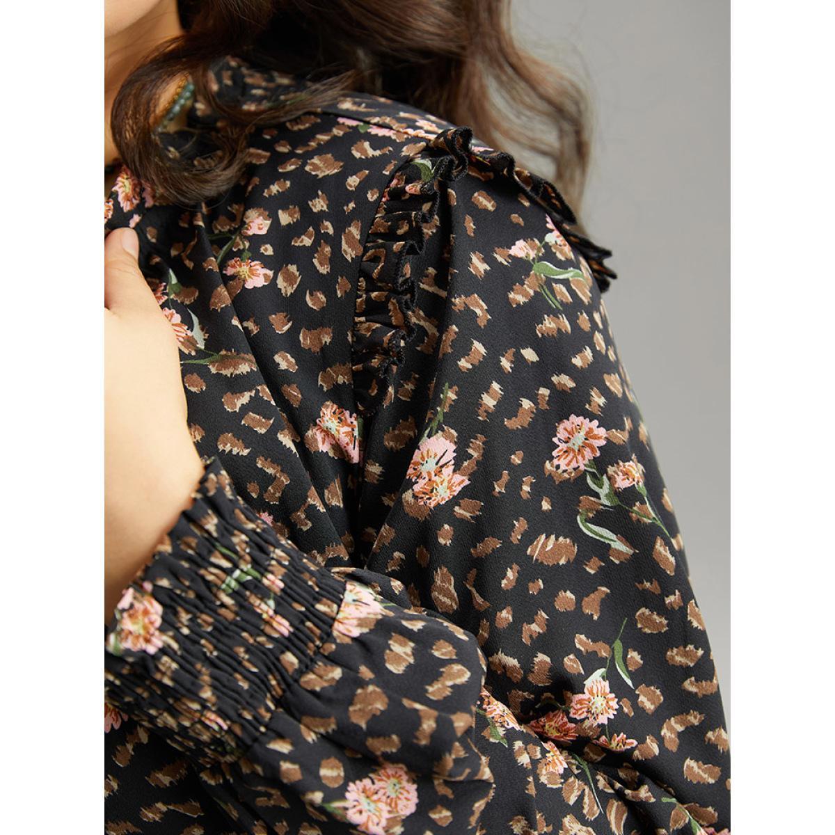 Plus Size Ditsy Floral Shirred Flutter Trim Keyhole Dress Black Women Elegant Printed Mock Neck Long Sleeve Curvy Midi Dress BloomChic 18-20/2X Product Image