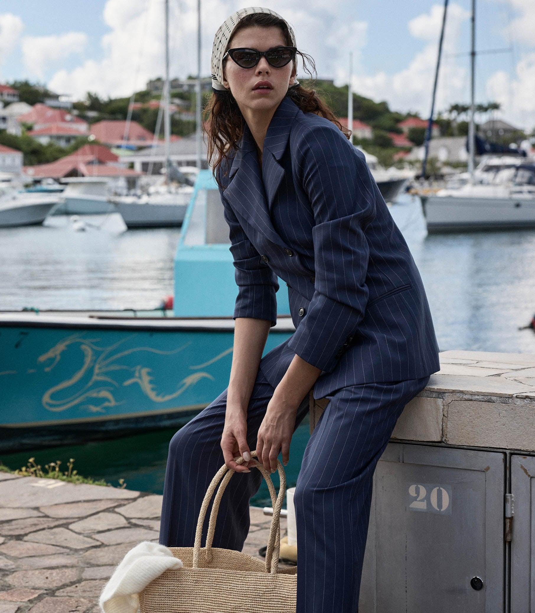 OLIVIA PANT -- NAVY GESSATO STRIPE Product Image