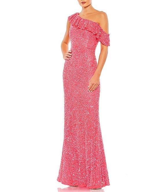 Mac Duggal Sequin Asymmetrical Ruffle Neck Short Sleeve Gown Product Image