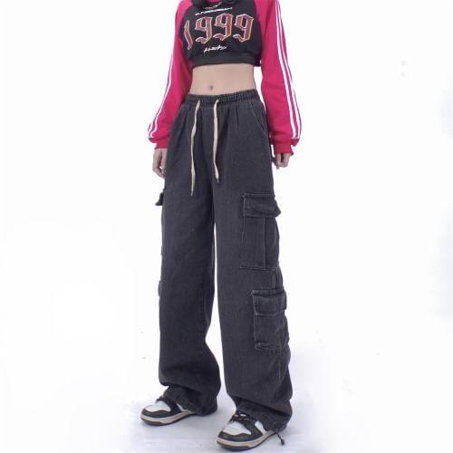 Mid Rise Drawstring Waist Washed Wide Leg Cargo Jeans Product Image