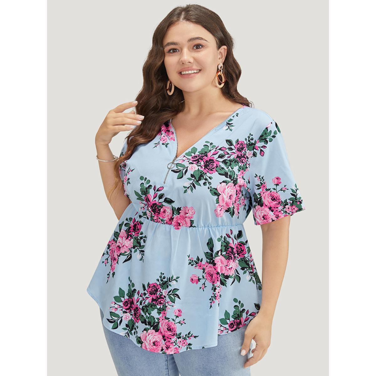 Plus Size LightBlue Floral Half Zipper Ruffle Sleeve Blouse Women Elegant Short sleeve V-neck Dailywear Blouses BloomChic 28/5X Product Image