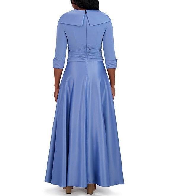 Jessica Howard Portrait Collar V-Neck 3/4 Sleeve Rhinestone Cuff Ruched Waist Satin Gown Product Image