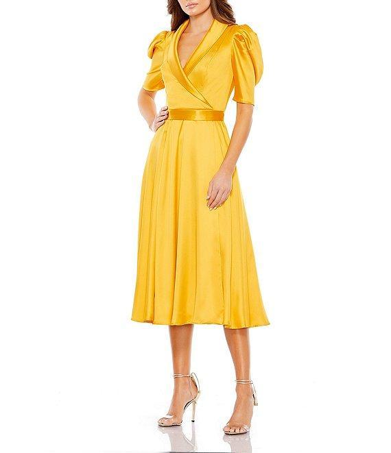 Mac Duggal Satin Surplice V-Neck Short Puffed Sleeve A-Line Midi Dress Product Image