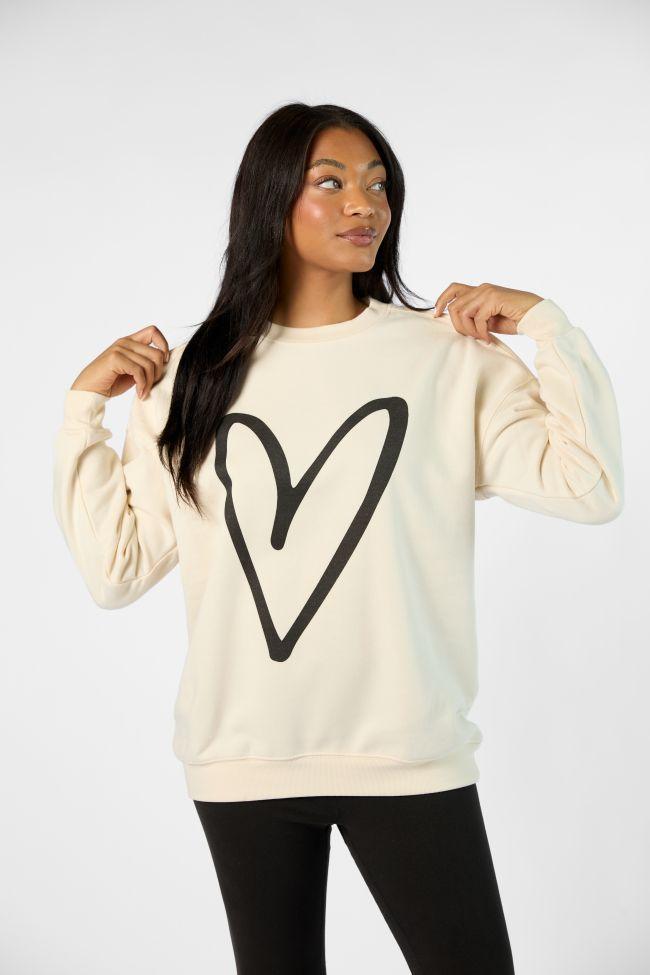 Black Heart Sketch Cream Oversized Graphic Sweatshirt Product Image