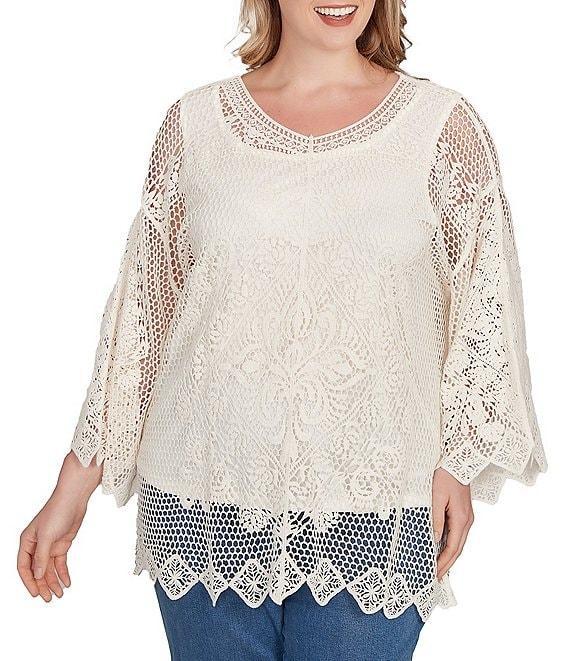 Ruby Rd. Plus Size Crochet Medallion Floral Pattern Scoop Neck 3/4 Wide Flared Sleeve Top Product Image