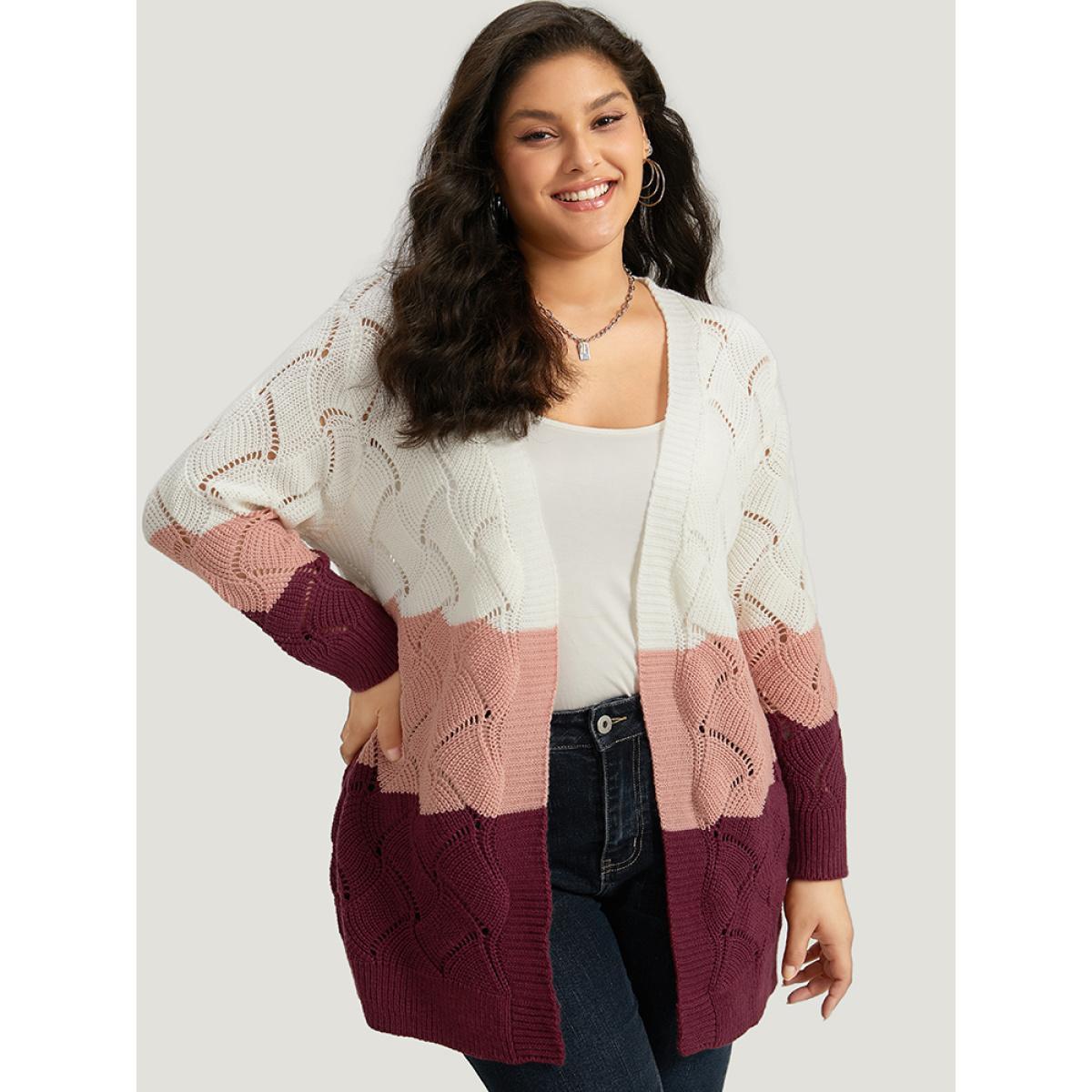 Plus Size Colorblock Contrast Open Front Eyelet Cardigan Multicolor Women Casual Loose Long Sleeve Dailywear Cardigans BloomChic 12/L Product Image