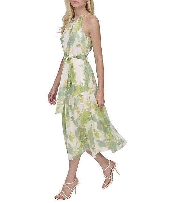 DKNY by Donna Karan Chiffon Floral Print Halter Neck Sleeveless Waist Tie Blouson Midi Dress Product Image