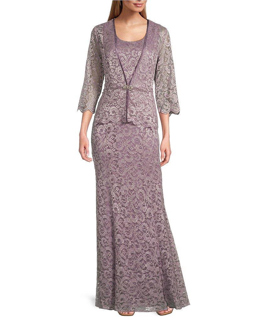 R & M Richards Petite Size Scallop Lace Charmeuse Metallic Mermaid Jacket Dress Product Image
