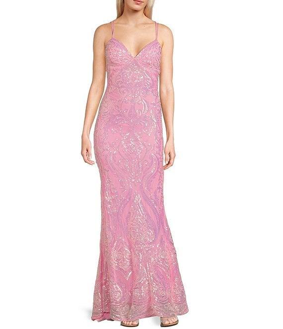 B. Darlin Sequin Pattern V-Neck Double Spaghetti Strap Lace Up Back Dress Product Image