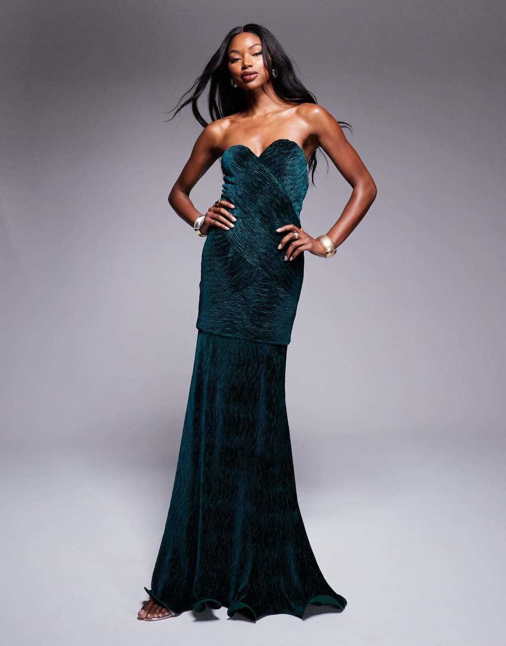 ASOS DESIGN textured velvet bandeau maxi dress in forest green Product Image