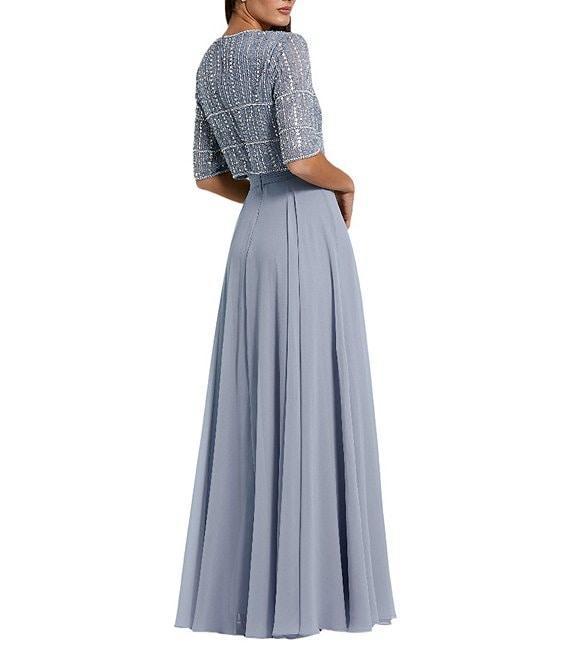 Mac Duggal Crew Neck Half Sleeve Beaded Bodice A-Line Gown Product Image