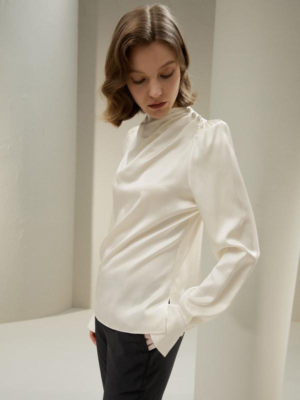 Asymmetrical Silk Blouse with Puff Sleeves Product Image