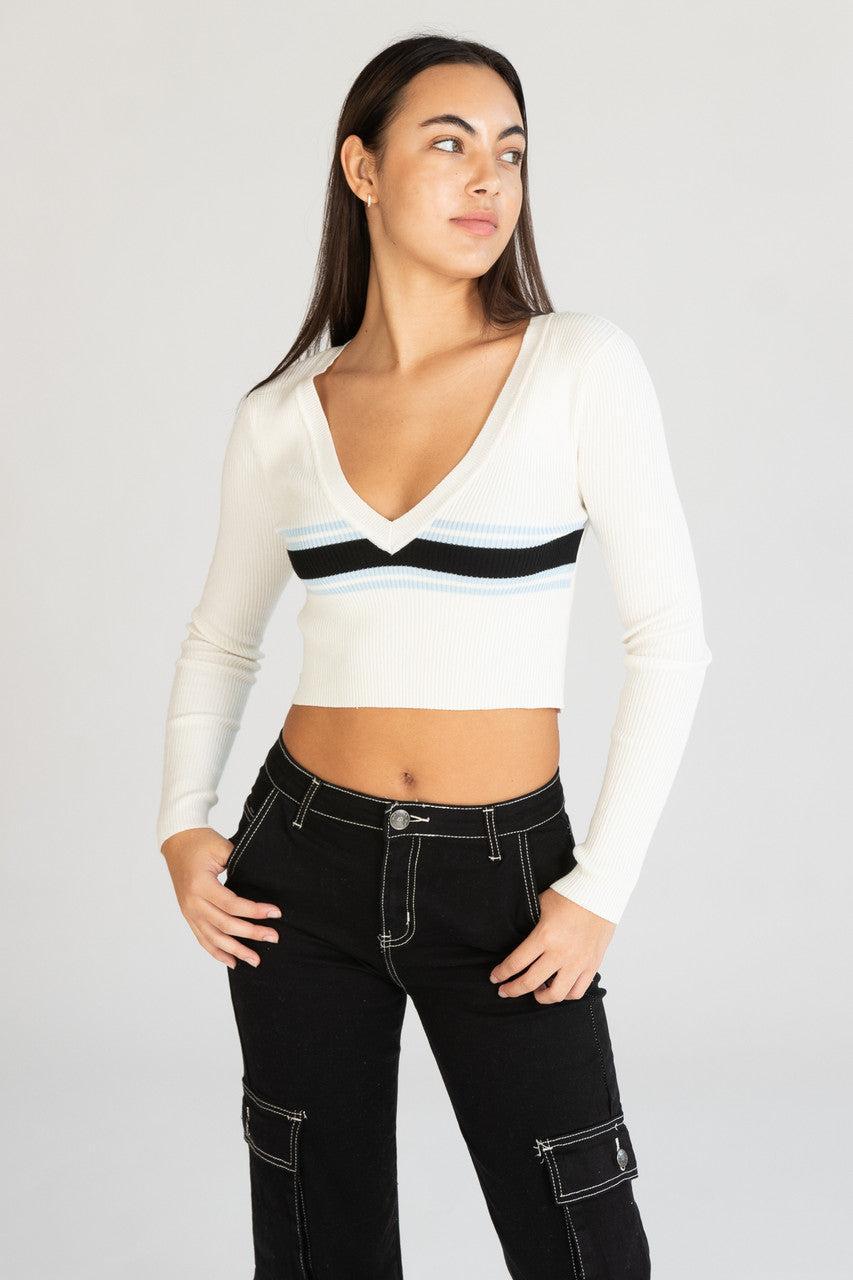 Ribbed V Neck Stripe Sweater Product Image