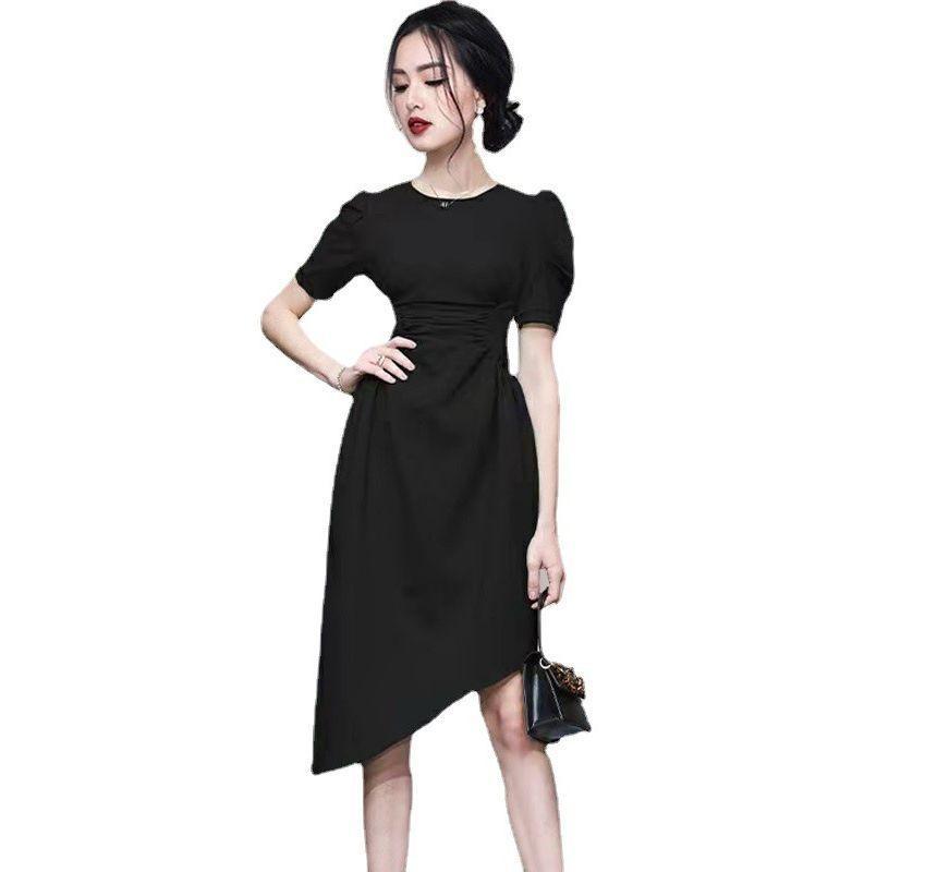 Short-Sleeve Crew Neck Plain Asymmetrical Sheath Dress Product Image