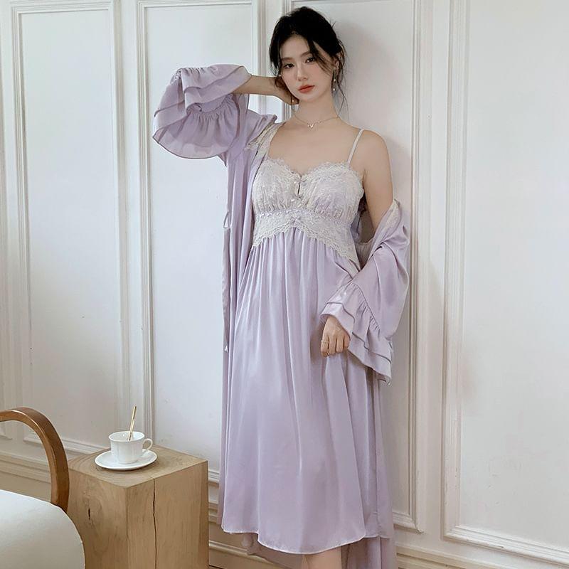 Pajama Set: Spaghetti Strap Lace Panel Midi Pajama Dress + Ruffled Robe Product Image