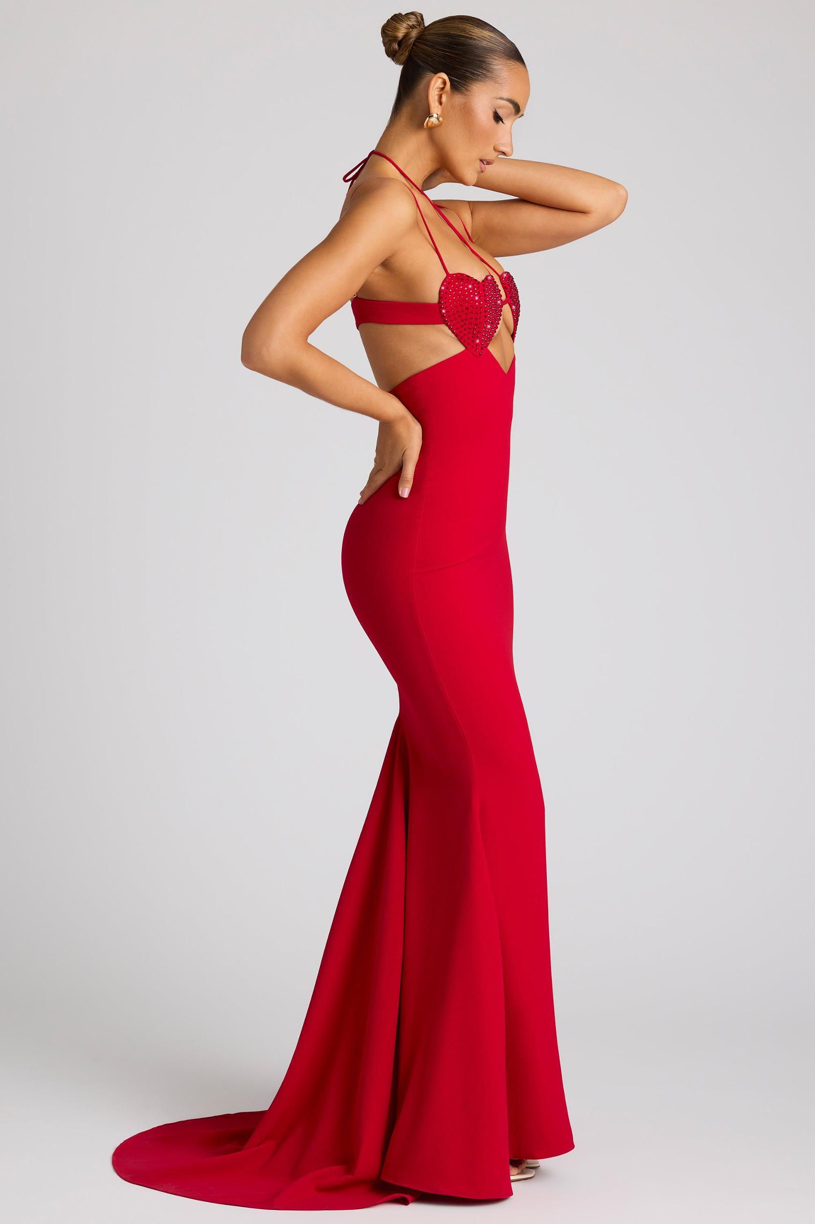 Embellished Heart Cup Detail Evening Gown in Fire Red Product Image