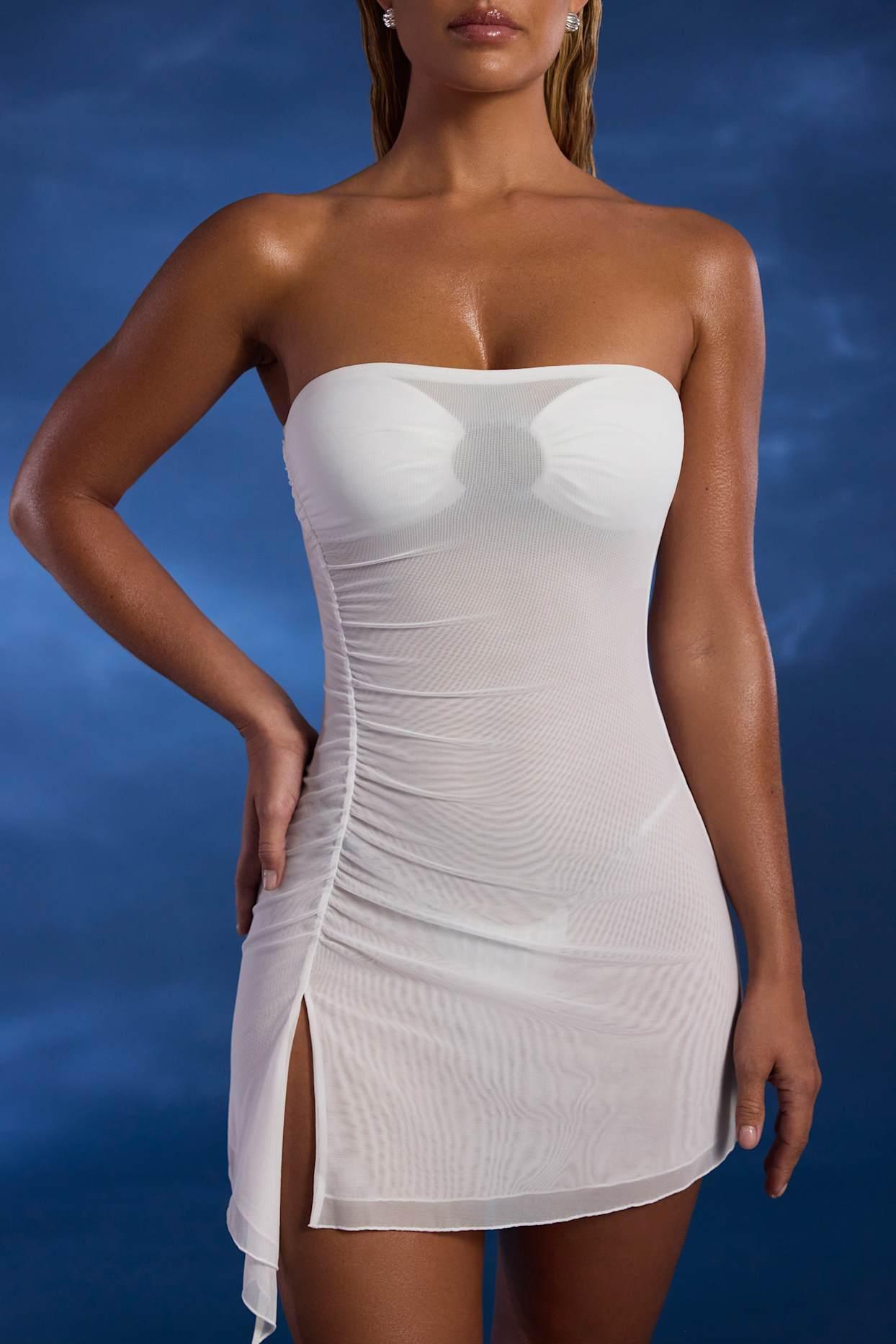 Asymmetric Ruched Bandeau Mini Dress in Ivory Product Image