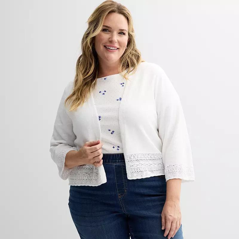 Plus Size Croft & Barrow® Pointelle Hem Open Front Cardigan, Women's, Size: 2XL, White Product Image