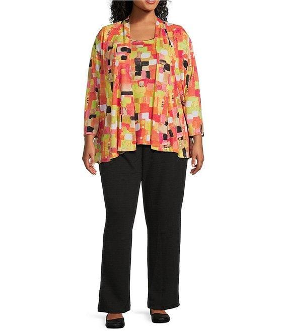 Multiples Plus Size Solid Stripe Jacquard Straight Leg Pull-On Pants Product Image