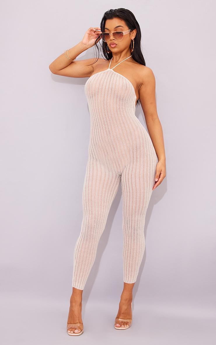 Cream Sheer Knit Halterneck Jumpsuit Product Image