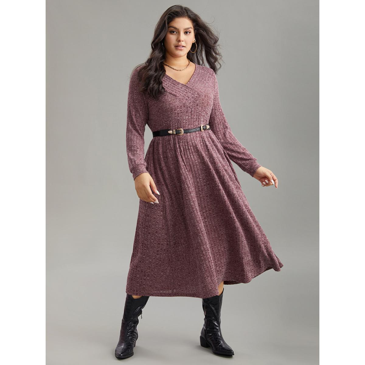 Plus Size Rib Knit Plain Plisse Long Sleeve Dress Purple Women Leisure Rib Knit V-neck Long Sleeve Curvy Midi Dress BloomChic 12/L Product Image