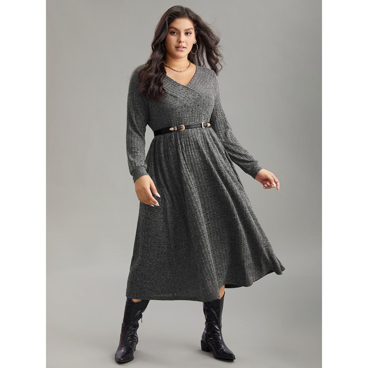 Plus Size Rib Knit Plain Plisse Long Sleeve Dress DarkGray Women Leisure Rib Knit V-neck Long Sleeve Curvy Midi Dress BloomChic 28/5X Product Image
