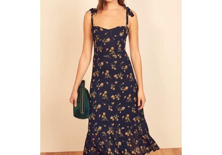 Tie Shoulder Floral Print Midi A-Line Dress Product Image