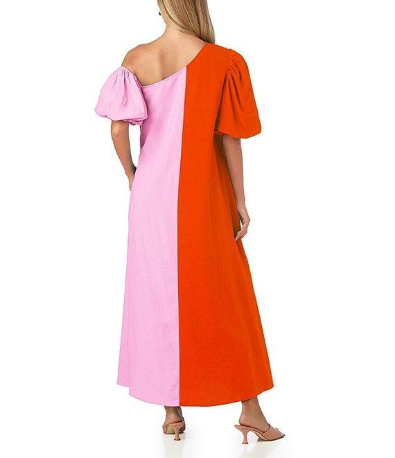 CROSBY by Mollie Burch Lovett Colorblock Asymmetrical Neckline Short Puff Sleeve Linen Maxi Dress Product Image