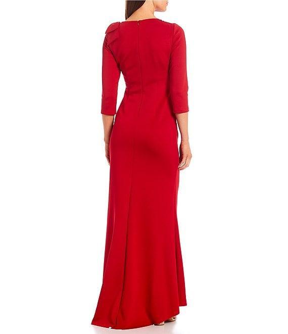 Jessica Howard 3/4 Sleeve Asymmetrical Neck Bow Shoulder Side Tuck Gown Product Image