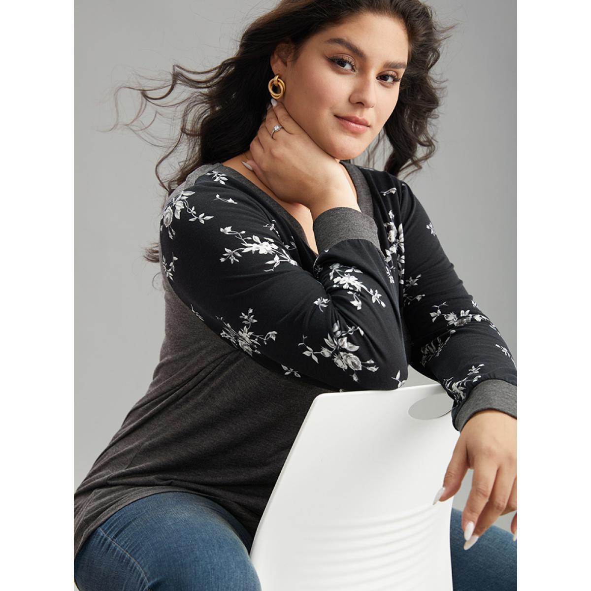 Plus Size Floral Print Patchwork Button Up T-shirt DimGray Women Elegant Printed Patchwork V-neck Dailywear T-shirts BloomChic 14-16/1X Product Image