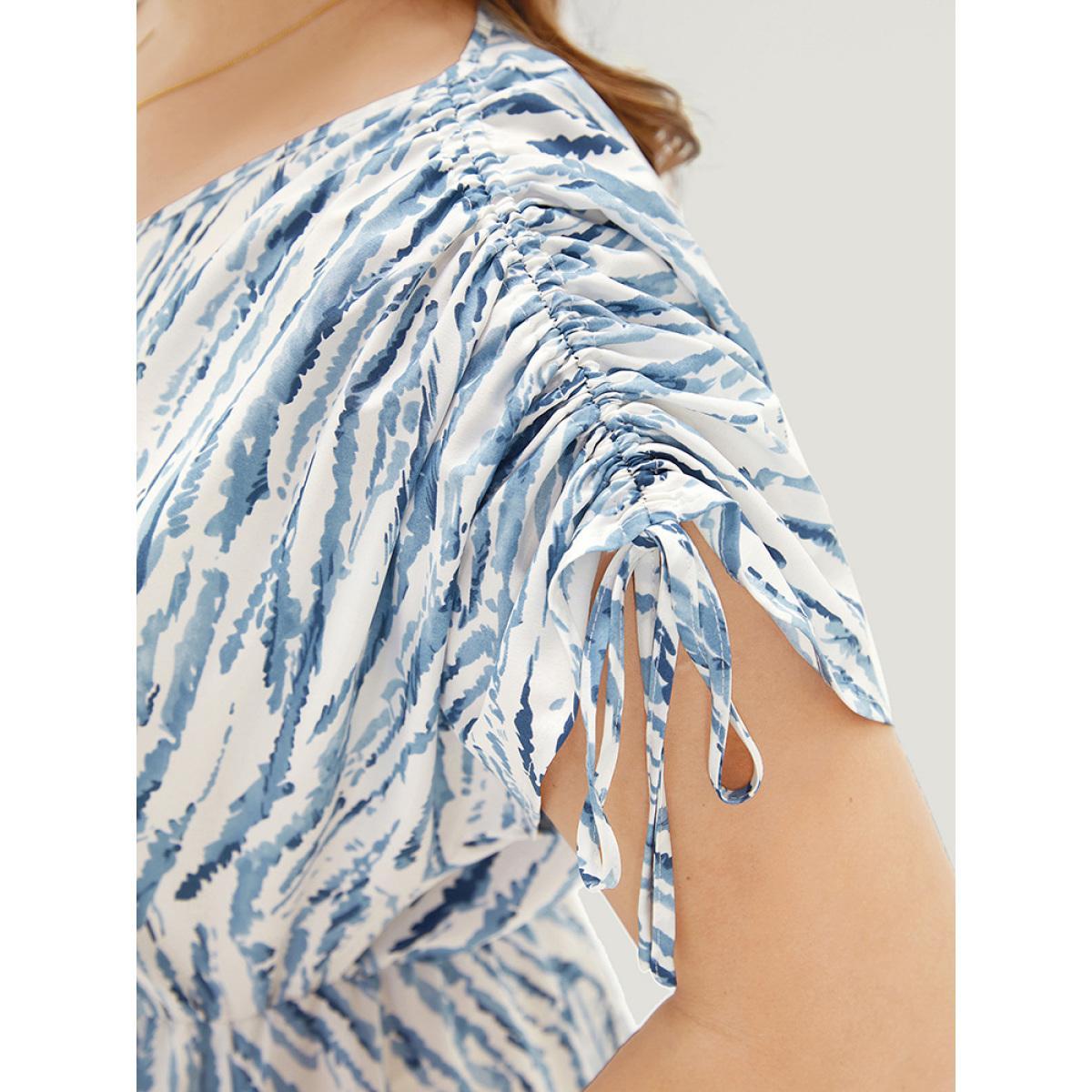 Plus Size Geometric Print Drawstring Pocket Dolman Hem Dress Blue Women Elegant Drawstring V-neck Short sleeve Curvy Midi Dress BloomChic 10/M Product Image