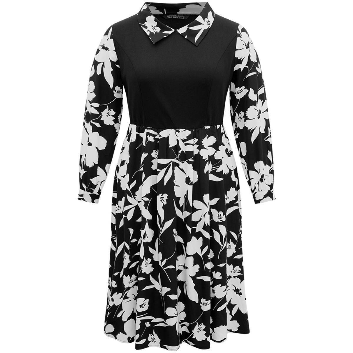 Plus Size Silhouette Floral Print Patchwork Ruffle Hem Dress Black Women Office Printed Lapel Collar Long Sleeve Curvy Midi Dress BloomChic 18-20/2X Product Image